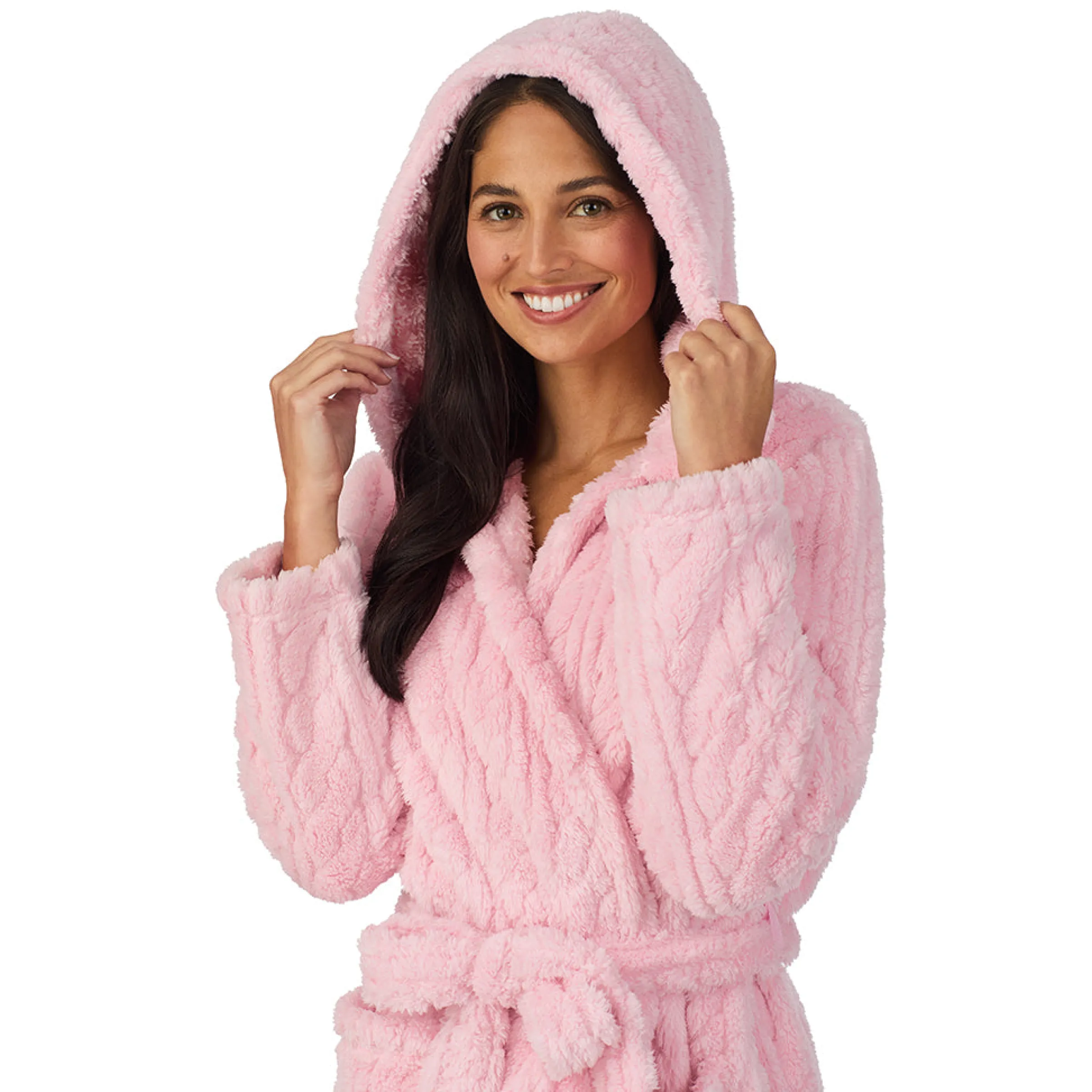 New Cable Jacquard Sherpa Wrap Robe with Hood Women Sleepwear|Long Sleeves
