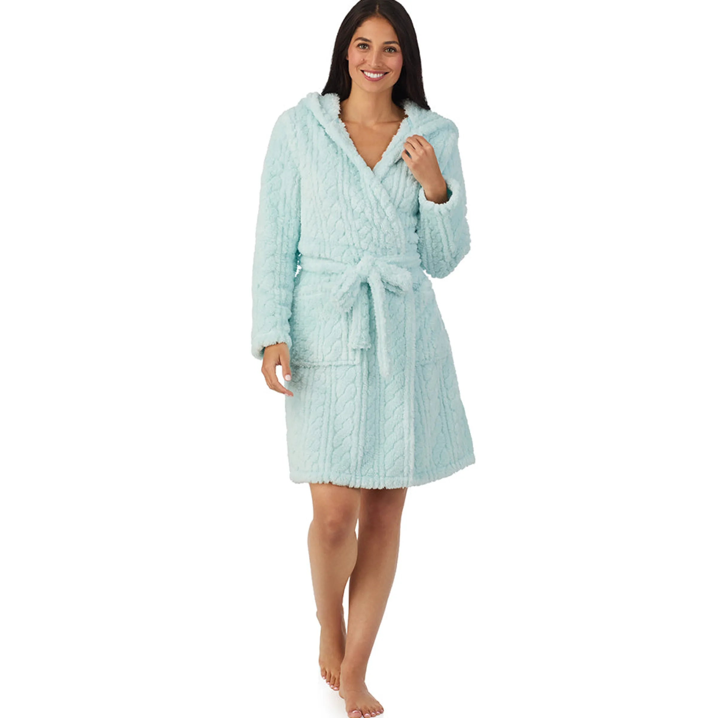 New Cable Jacquard Sherpa Wrap Robe with Hood Women Sleepwear|Long Sleeves