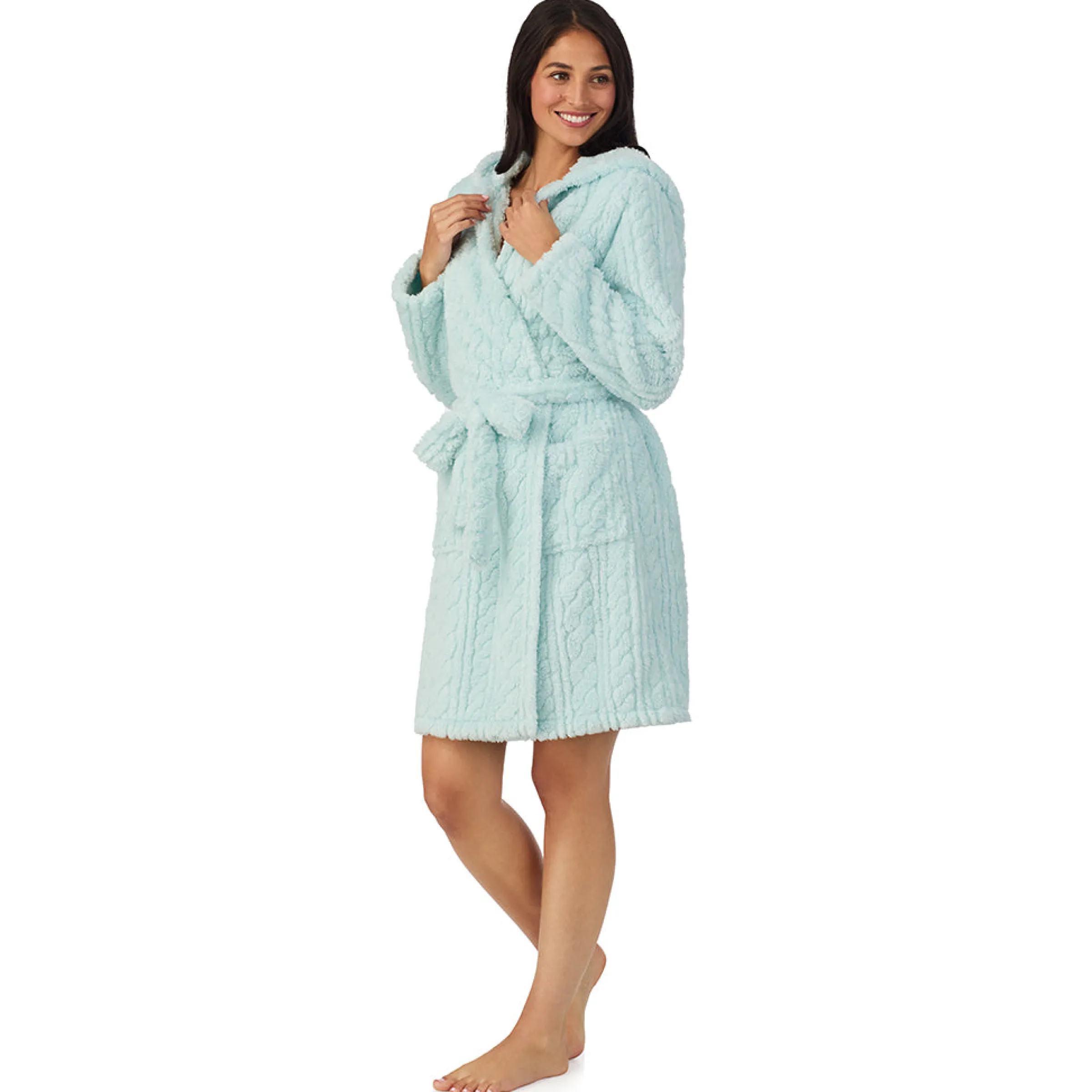 New Cable Jacquard Sherpa Wrap Robe with Hood Women Sleepwear|Long Sleeves