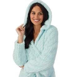 New Cable Jacquard Sherpa Wrap Robe with Hood Women Sleepwear|Long Sleeves