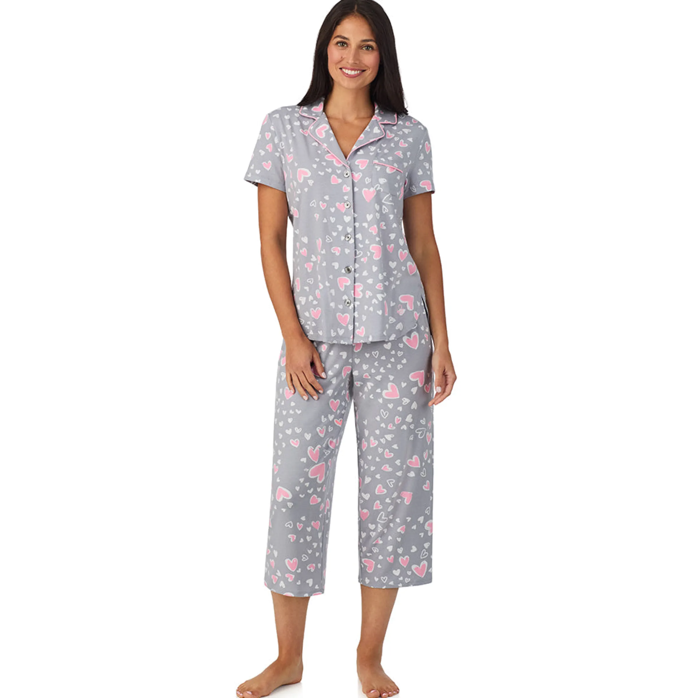 Hot Cotton Rich Short Sleeve Notch Collar Top with Cropped Pant Pajama Set Women Sleepwear