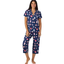 Hot Cotton Rich Short Sleeve Notch Collar Top with Cropped Pant Pajama Set Women Sleepwear