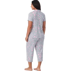 Clearance Cotton Rich Short Sleeve Notch Collar Top with Cropped Pant Pajama Set Women Sleepwear|Plus Size