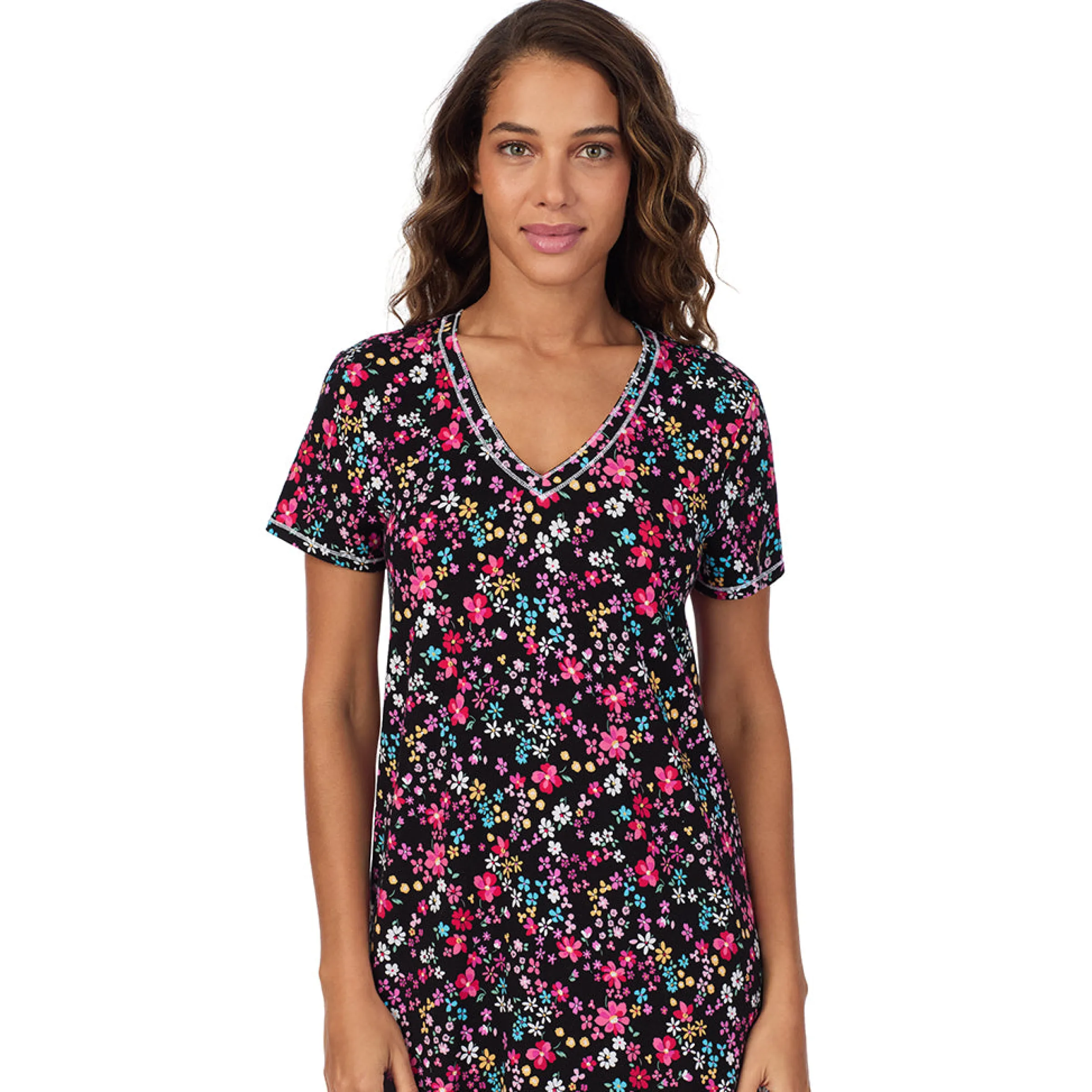 Cotton-Blend Short Sleeve V-Neck Sleep Shirt Women Sleepwear