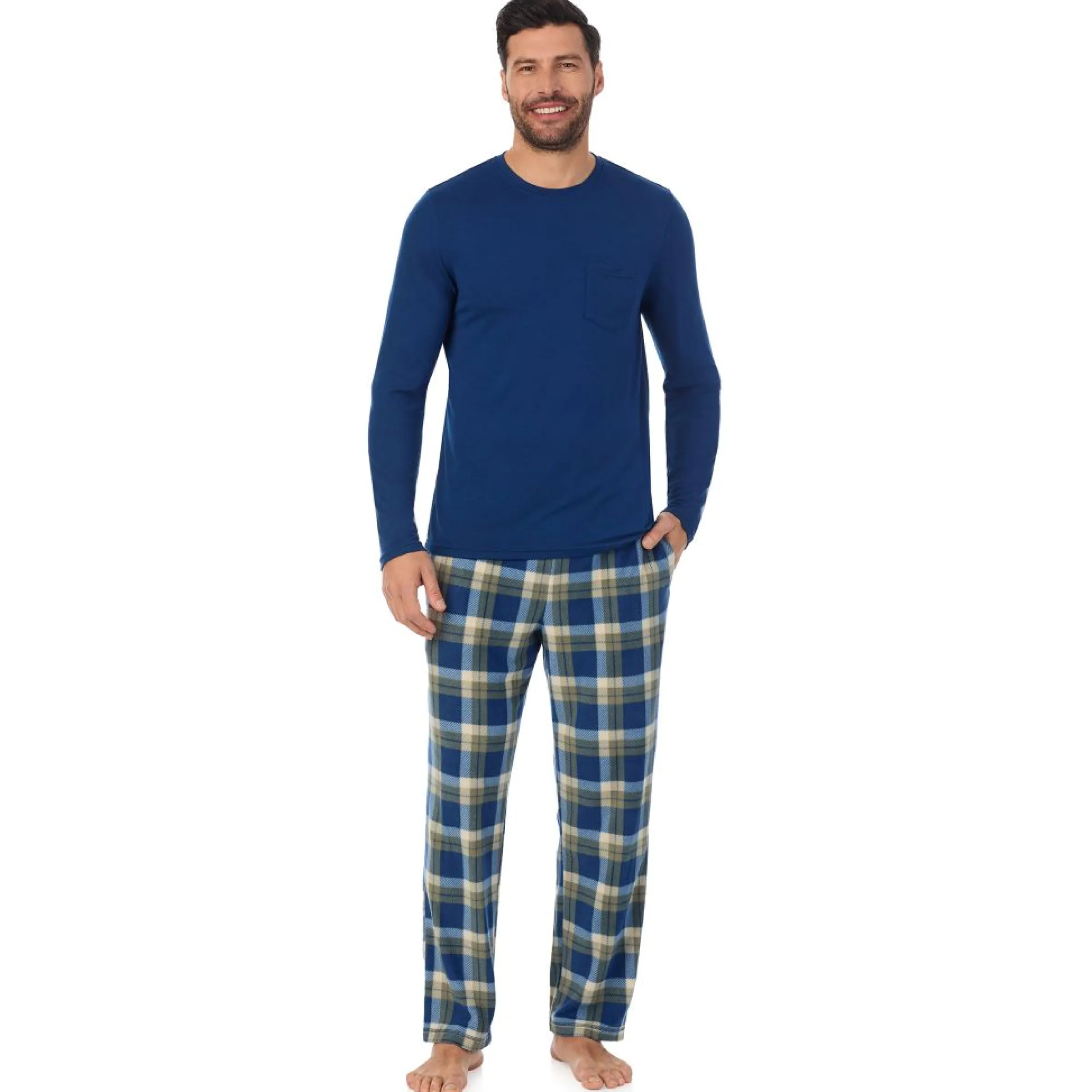 Discount Mens Cabin Fleece Long Sleeve Crew and Pajama Pant 2-Pc Set Sleepwear